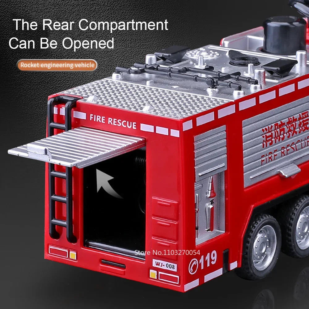 1/32 Ladder Water Fire Truck Model Car Toys Diecast Alloy Engineering Vehicle Doors Opened Sound Light Toy Birthday Gift for Kid