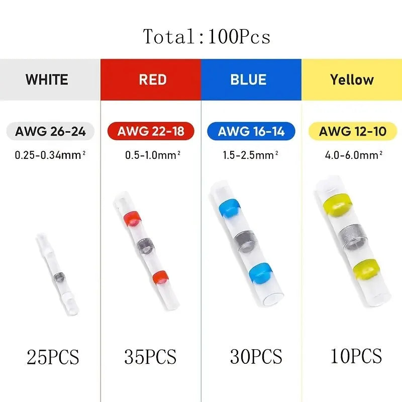 100pcs Waterproof Solder Seal Heat Shrink Butt Connectors Lug Terminals Insulated Electrical Wire Connectors for homework DIY