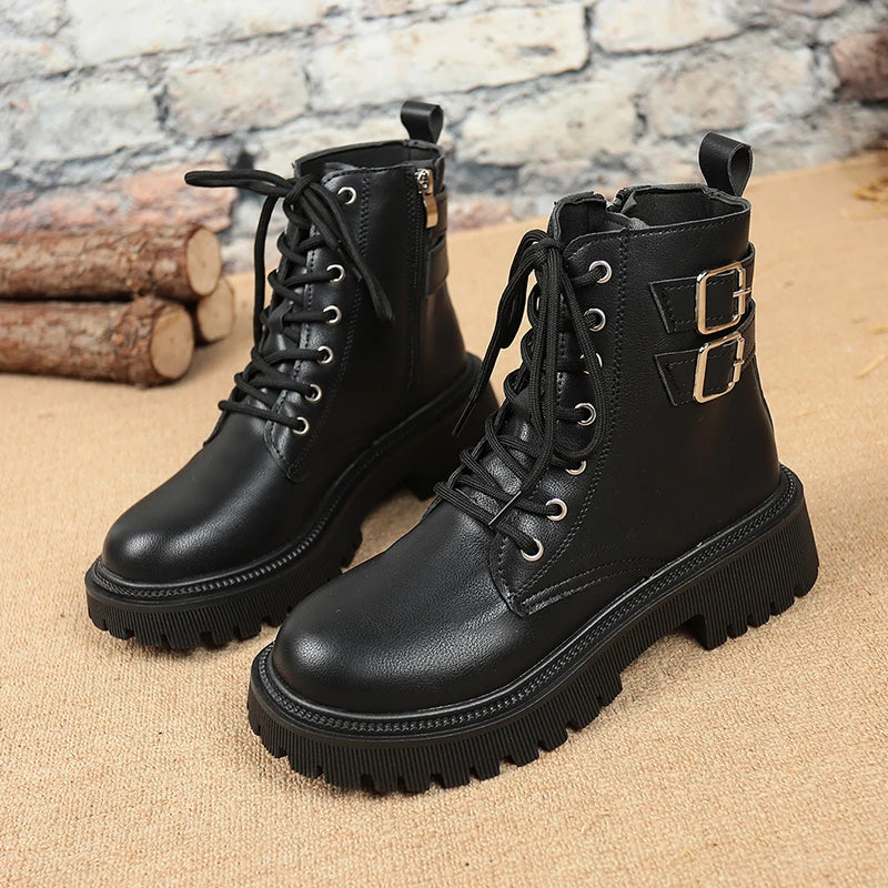 Metal Buckle Platform Motorcycle Boots Woman Plus Size 42 Black Pu Leather Ankle Boots Woman Thick Sole Lace Up Short Booties