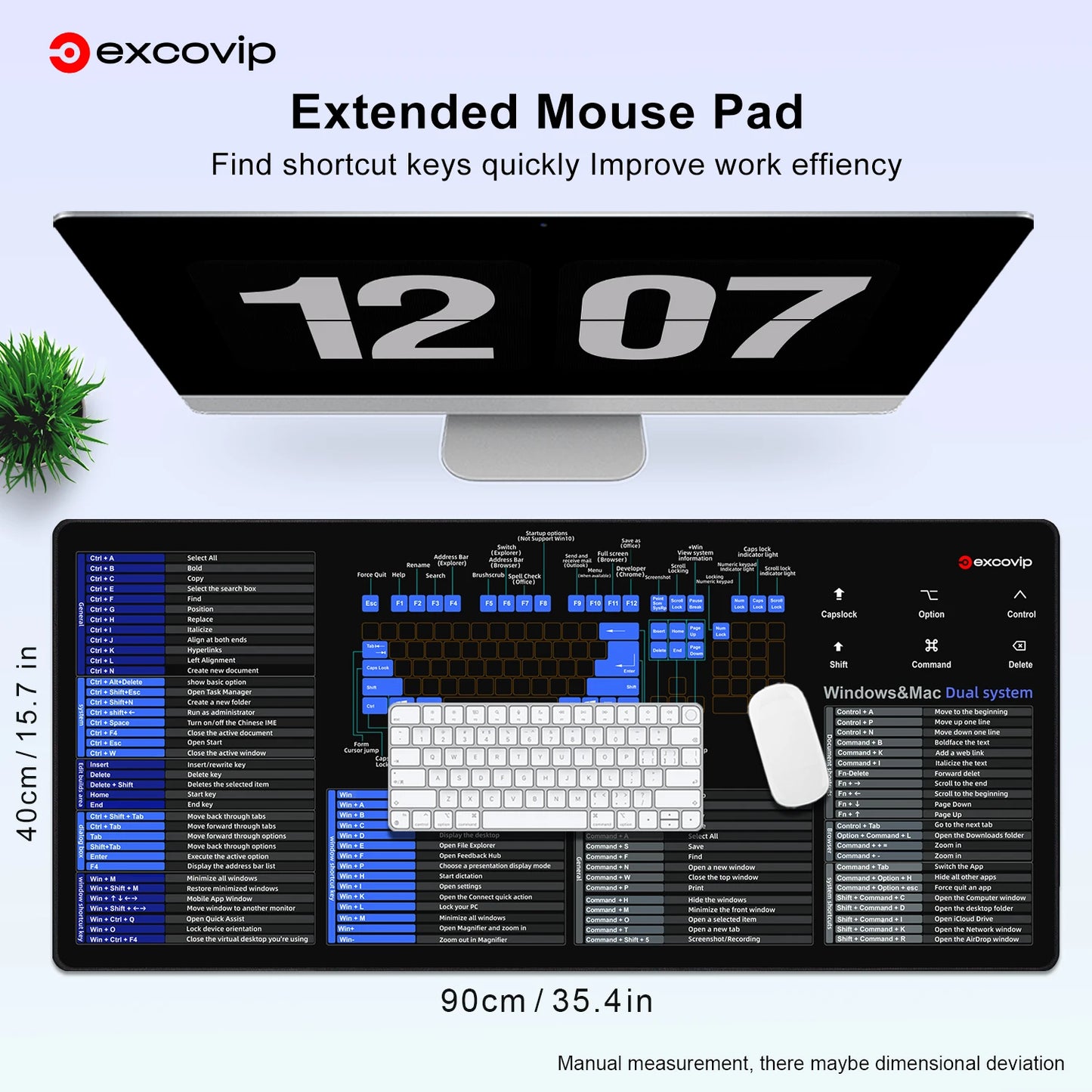 EXCO Shortcuts Mouse Pad for Mac OS/Windows Large Extended Office Keyboard Mousepad Gaming Computer Desk Mat with Stitched Edge
