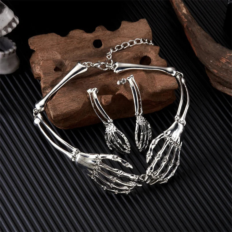 Gothic Dark Retro Bone Skeleton Ghost Hand Necklace for Women Hip Hop Punk Skeleton Skull Necklace Earrings Set Party Jewelry