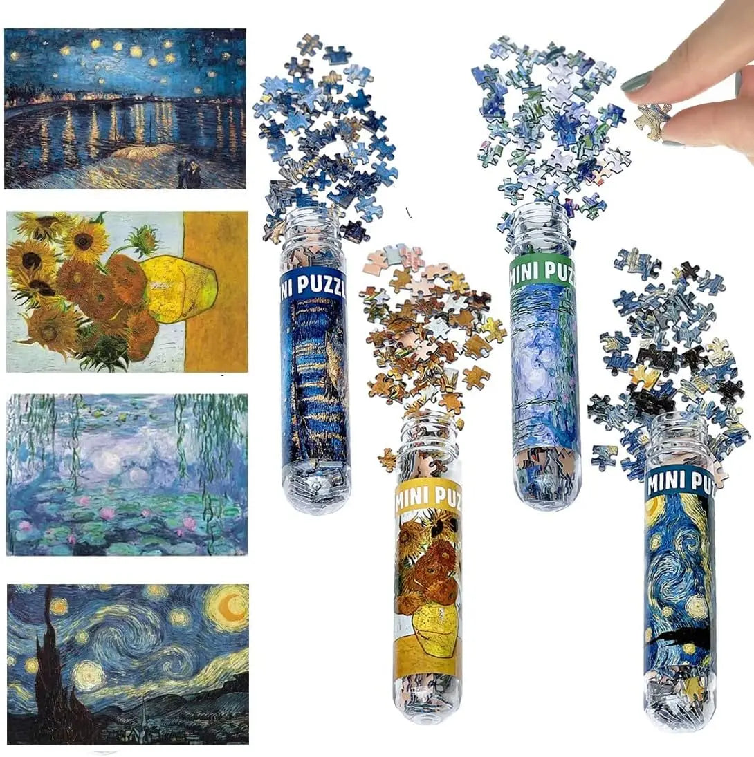 4 Pack Mini Jigsaw Puzzles 150 Pieces for Adults Challenging Starry Night Rhone River Sunflower 10*15cm Monet  Van Gogh Painting