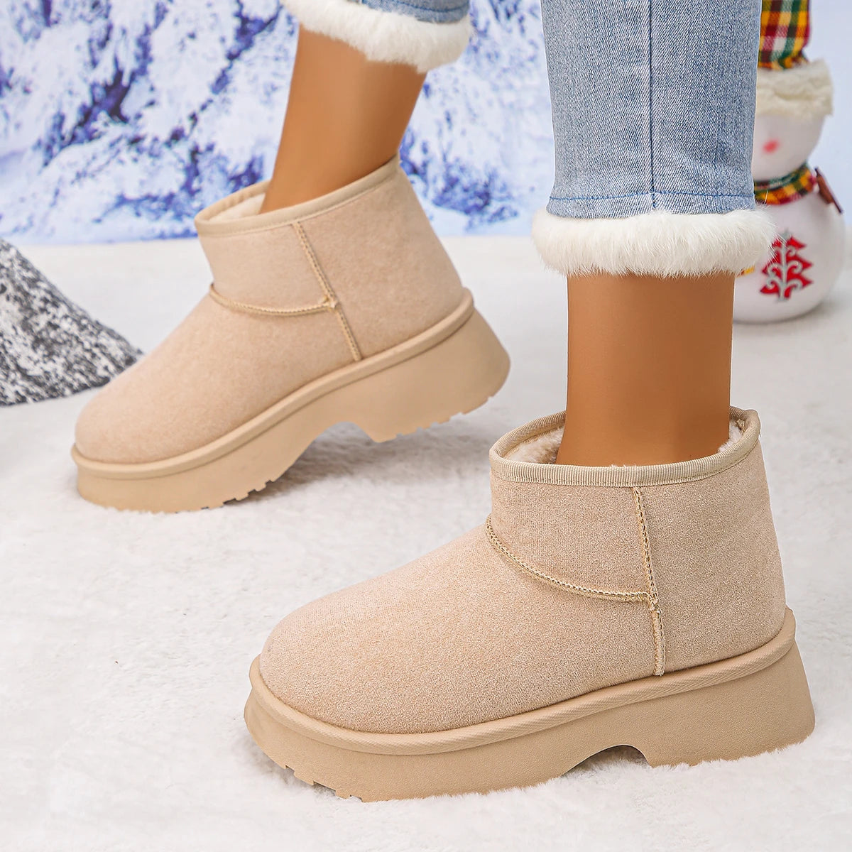 Fashion Design Thick Heels Snow Boots Women Slip On Thicken Plush Warm Winter Boots Woman Waterproof Non Slip Cotton Shoes