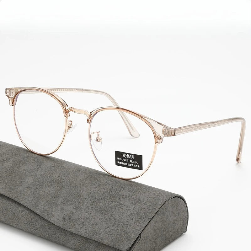 Retro and versatile anti blue light gray glasses, metal oval frame color changing glasses, eye protection glasses