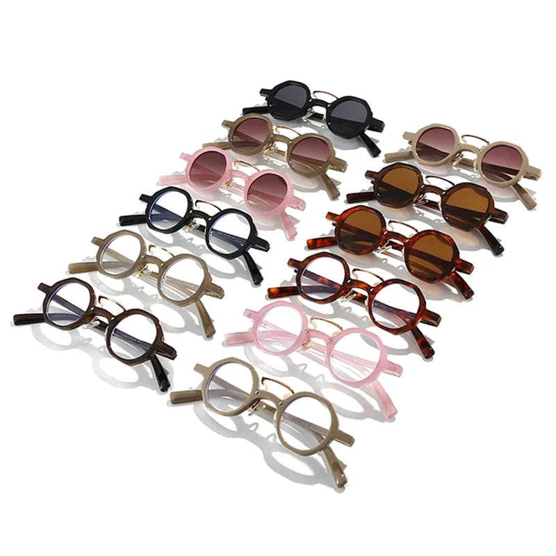 JNPCXI Retro Small Polygon Round Women Sunglasses UV400 Fashion Double Bridges Punk Men Rivets Clear Gradient Sun Glasses Shades