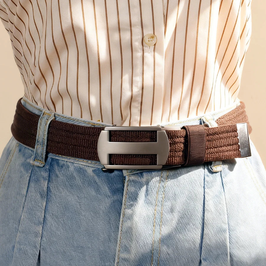 Stretchy Woven Belt Automatic Buckle Unisex Elastic Waistband Casual Brown Canvas Belt Comfortable Elastic Pants Strap