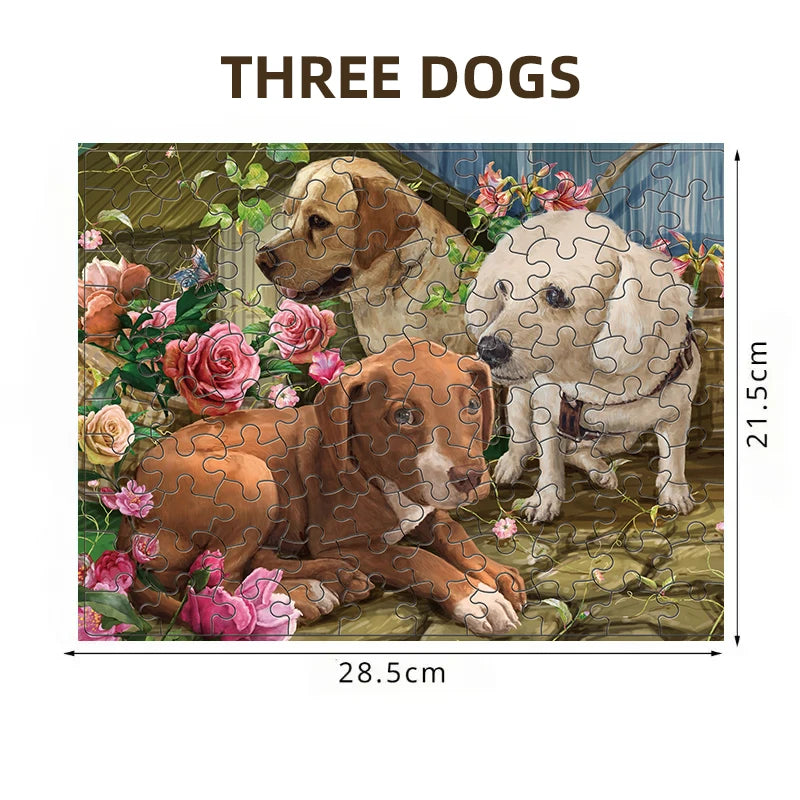 100 Pieces Jigsaw Puzzle Assembling Picture Cartoon Animals Three Dogs with Flower Decompression Puzzles Toy Educational Gifts