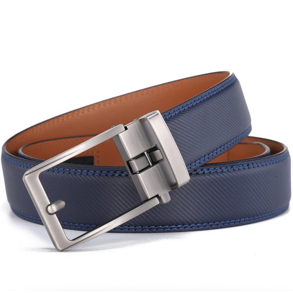 Blue Unisex Click Belt Genuine Leather Auto Buckle Luxury Strap for Men Jeans