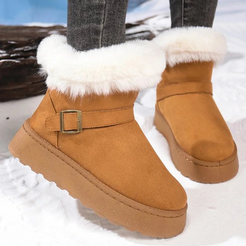 Furry Thick Warm Snow Boots Women Retro Buckle Detor Slip On Snow Boots Woman Winter Yellow Brown Platform Booties Female