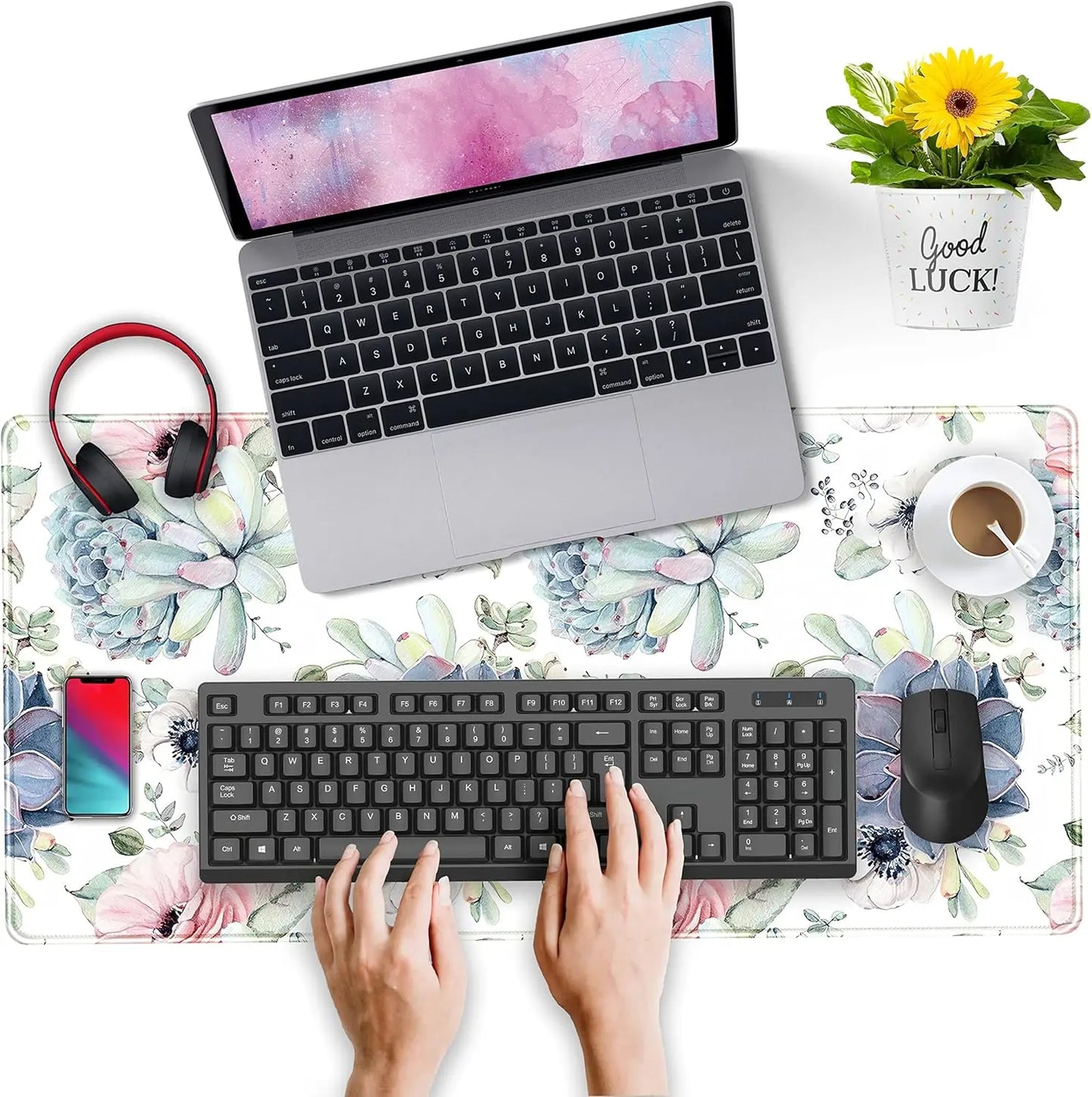 Watercolor Succulents Desk Mat,Gaming Mouse Pad Rubber Base Mousepad with Stitched Edges,Keyboard Mouse Mat for Game/Office/Home