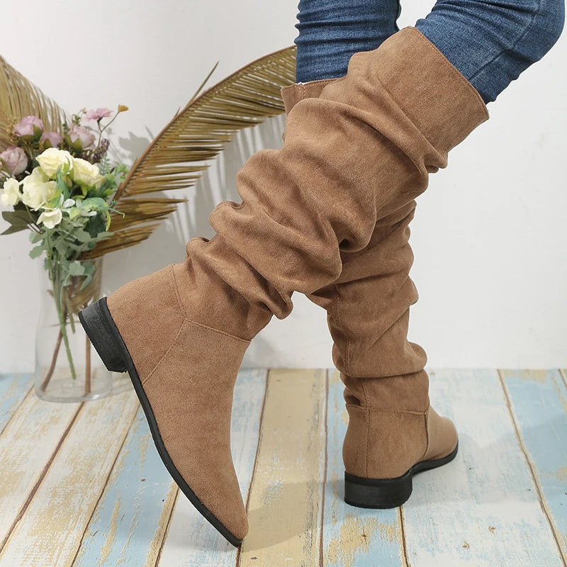 Vintage Faux Suede Knee High Boots Women 2025 New Thick Heeled Pleated Long Boots Woman Autumn Winter Slip On Tall Botas Mujer
