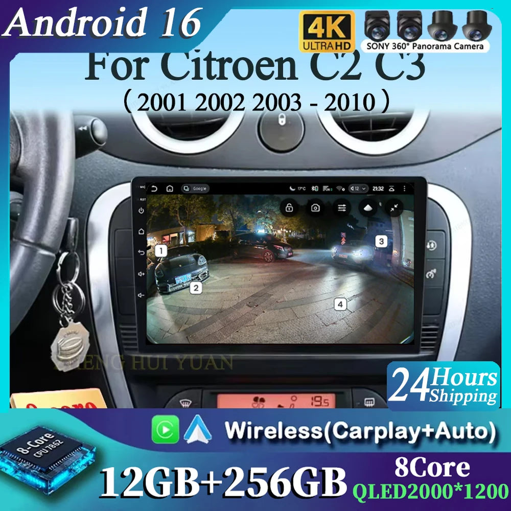 Android 16 CarPlay Auto Car Radio Multimedia navigation video Autoradio Stereo For Citroen C2 C3 2001 2002 2003 - 2010