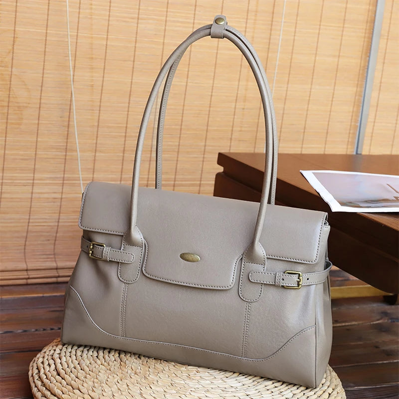 Women's Top-grain leather Underarm Bag Ladies Luxury Designer Genuine leather Handbags Large Capacity Commuting Tote Bags