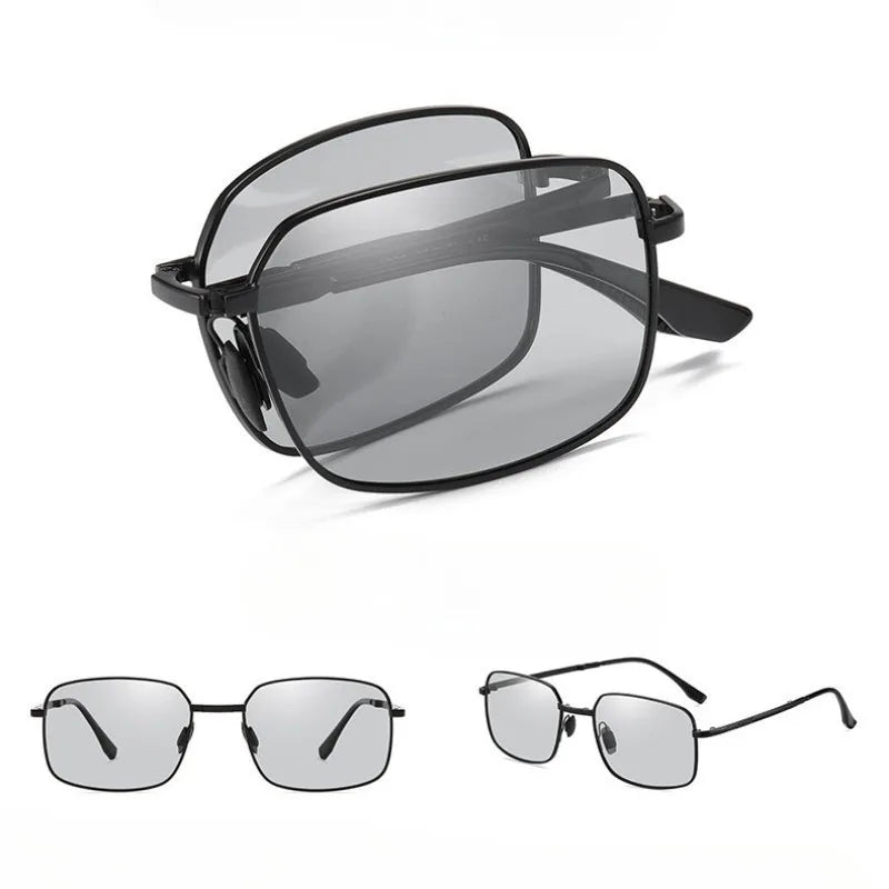2 Pcs Polarized Folding Sunglasses for Men's Driving Day and Night Dual-purpose Square Driving Color Changing Sunglasses