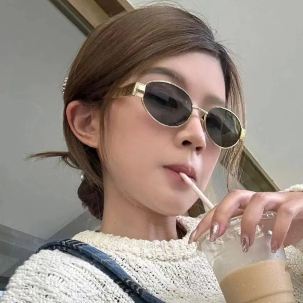 Small Oval Frame Advanced Sunglasses Spicy Girls Street Photo Shades Metal Future Style Eyewear