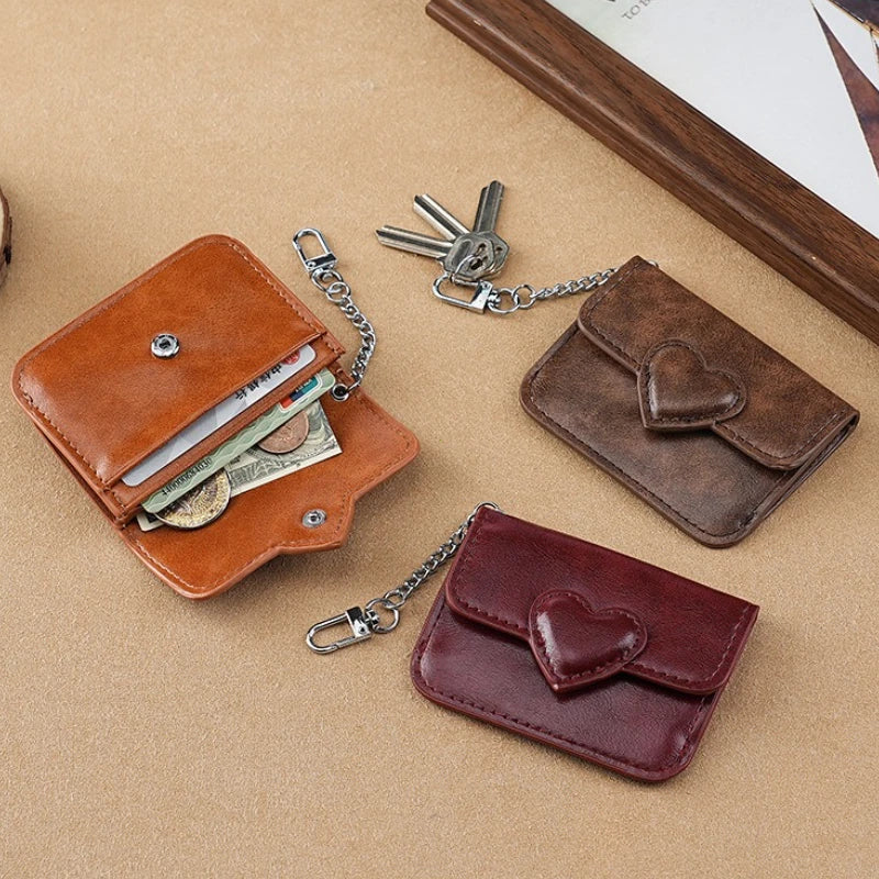 Mini Coin Purse Keychain Wallet Fashion PU Heart Buckle Multi-card Slots Card Holder Pouch Key Storage Bag for Women and Men