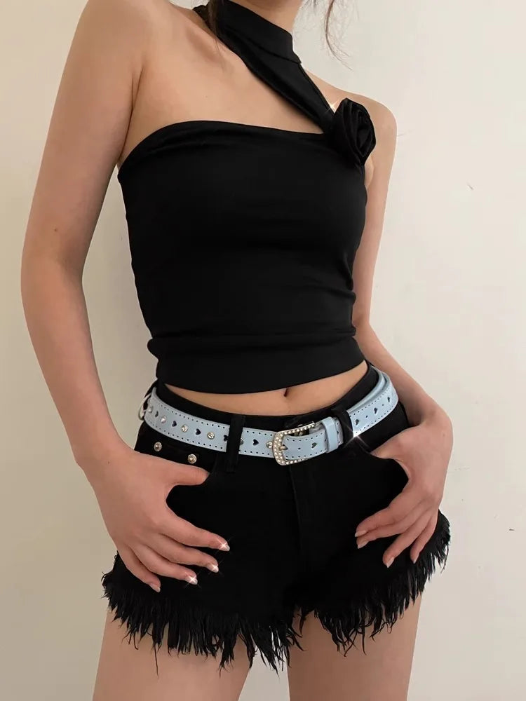 White Y2K Belt Female Rhinestone Pink Lovely New Millennium Spice Girl Belt Tie-In Korean Version Decoration Trend