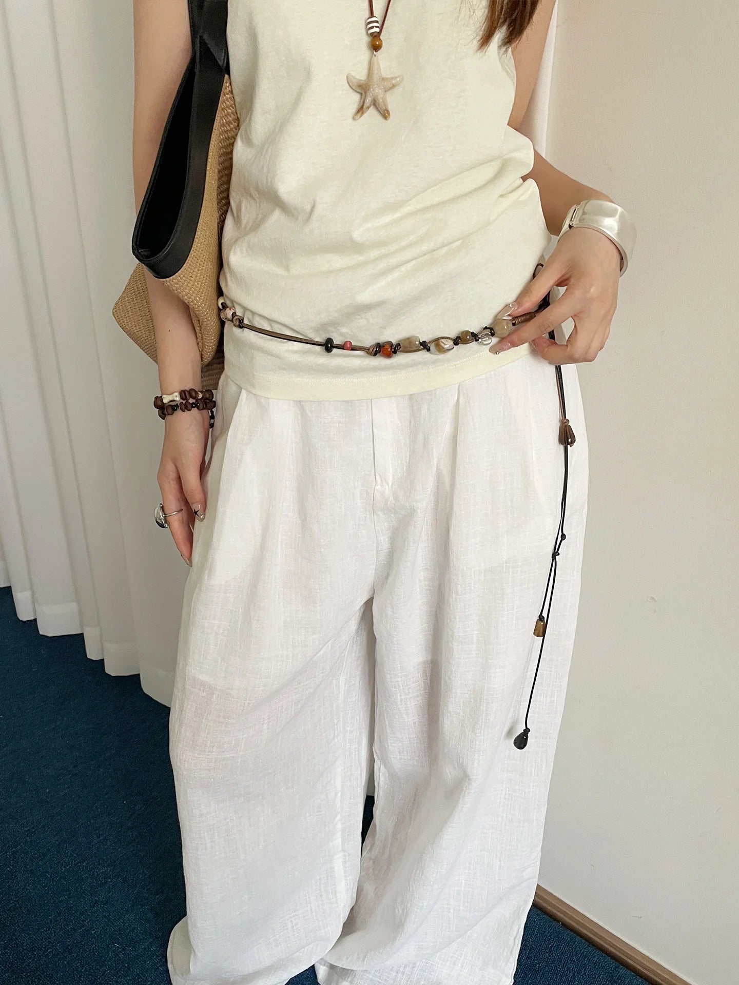 Wooden Bead Artisanal Hand-Woven Belt Versatile For Dresses Jeans And Women's Slenderizing Waist Rope
