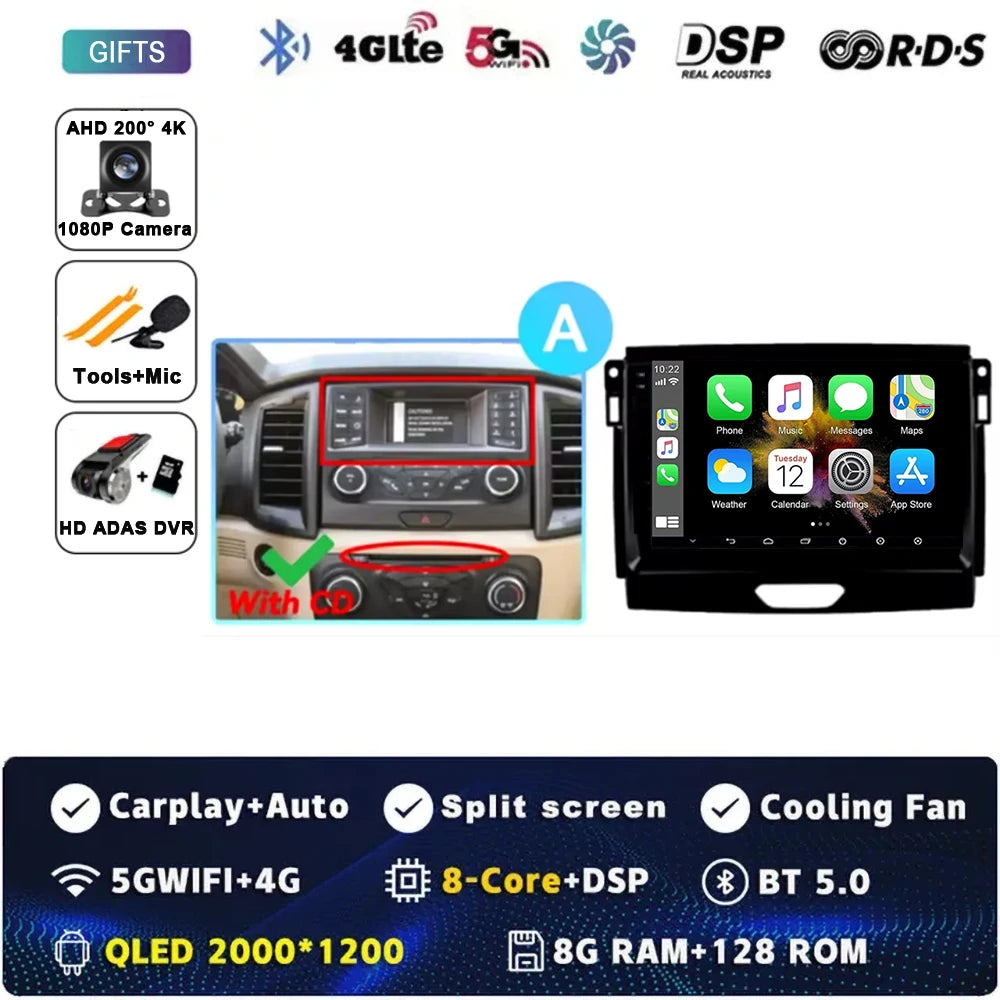 For Ford Ranger 2015 2016 2017 2018 2019-2022 Android 16 Car Radio Stereo QLED Screen GPS Multimedia Carplay Autoradio Head unit