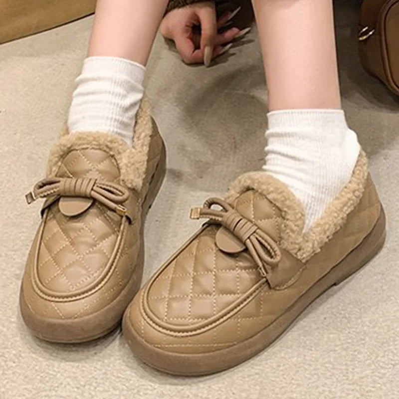 Pu Leather Snow Boots for Women 2025 Winter Korean Bowknot Detor Plush Booties for Woman Non Slip Keep Warm Snow Boots Lady