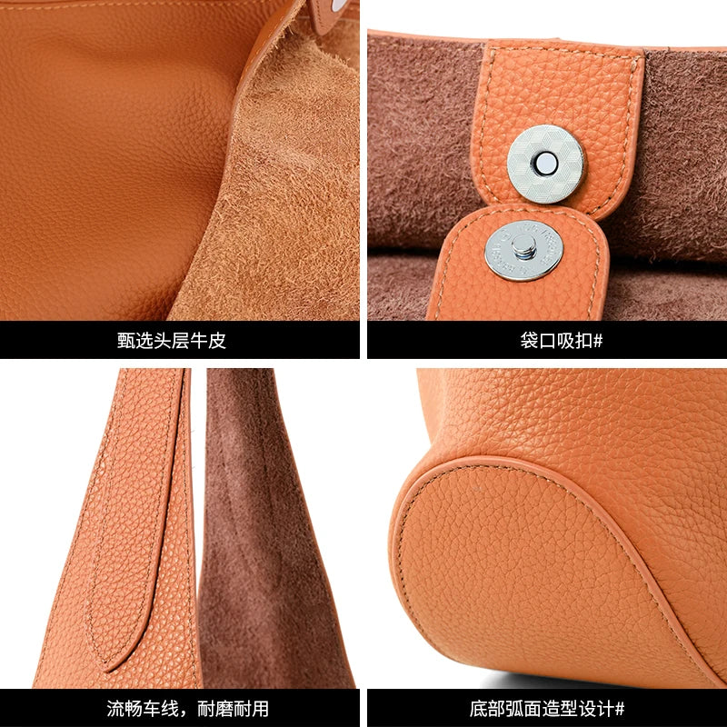 Genuine Cowhide Leather Slouchy Hobo Shoulder Bag for Women Pebbled Leather Large Capacity Everyday Tote Bag Daily Underarm Bags