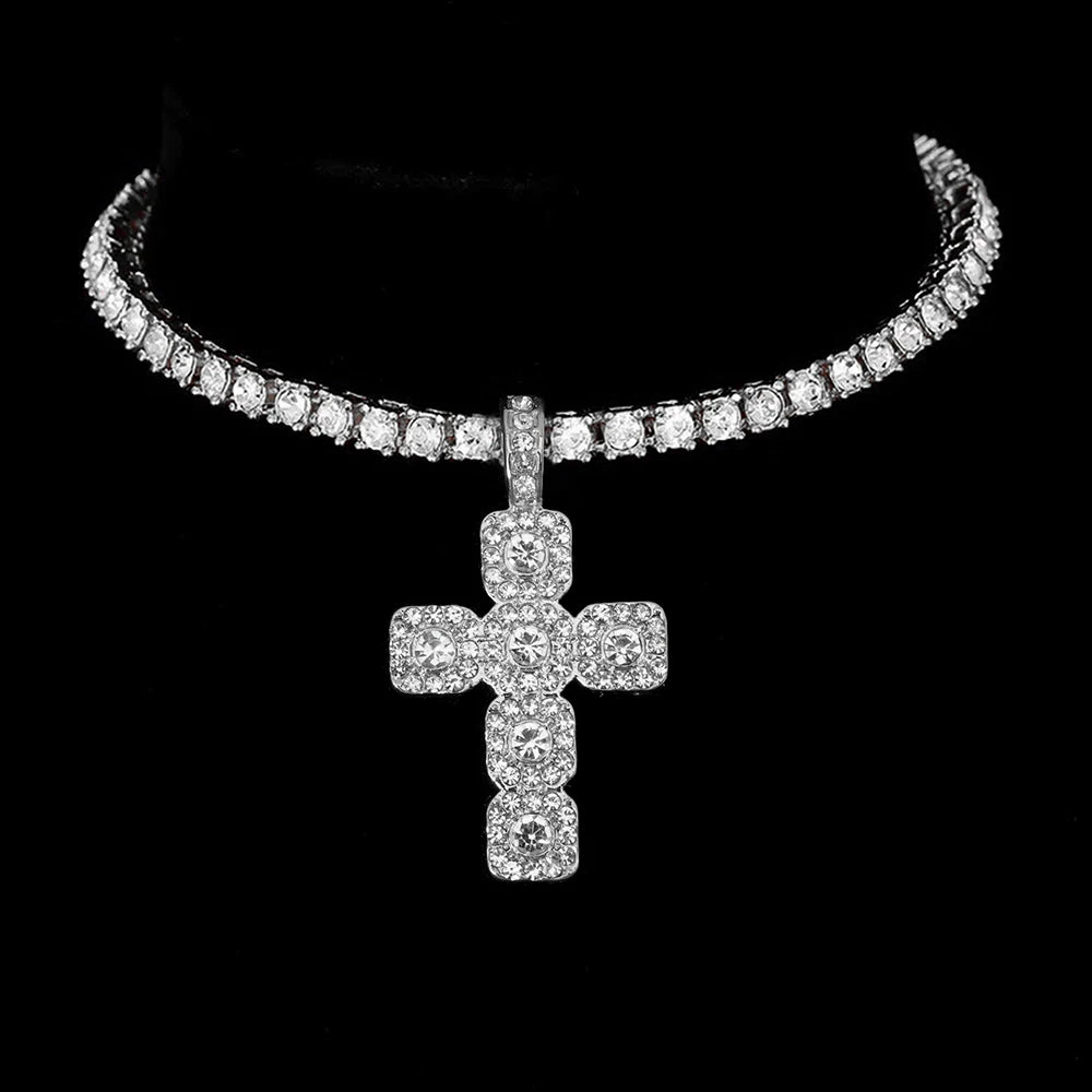New Hip Hop Cross Pendant Necklace Strap Men 4mm Rhinestone Tennis Chain Iced Out Necklace Punk Jewelry Women Fashion Gift