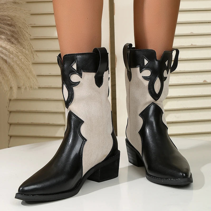 British Style Pointed Toe Ankle Boots Women 2025 Fashion Thick Heels Western Boots Woman Patchwork Slip On Cowboy Booties Mujer