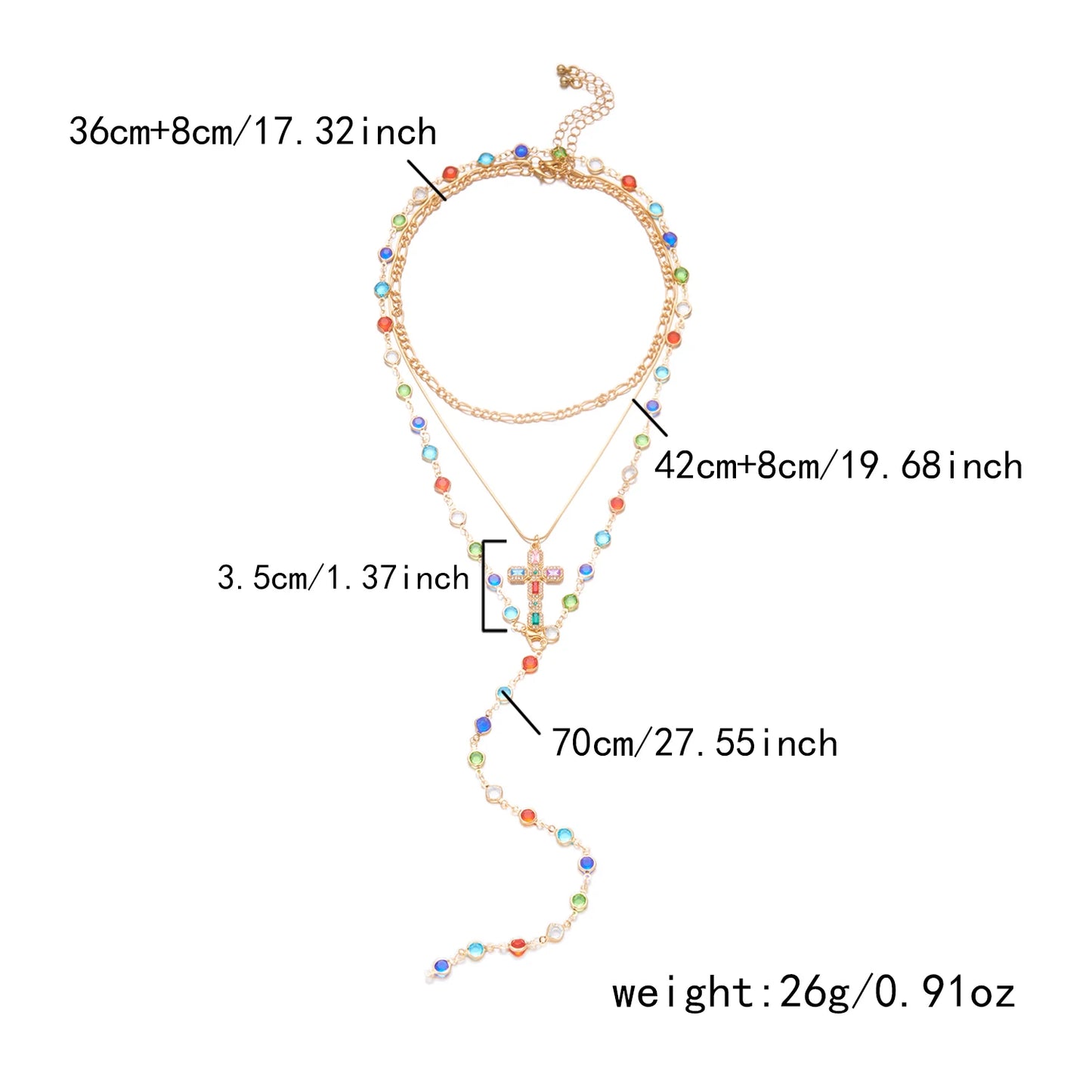 Boho Layered Gold Color Chain Necklace for Women Colorful Crystal Cross Pendant Choker Aesthetics Y2K Trend Jewelry Party Gift