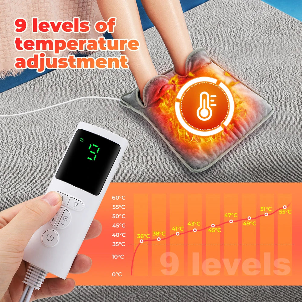 Winter Foot Warm Pad 9-Level Adjust Temperature Fast Heating Remote Control 4-Level Timer Flannel Feet Warmer LCD Display