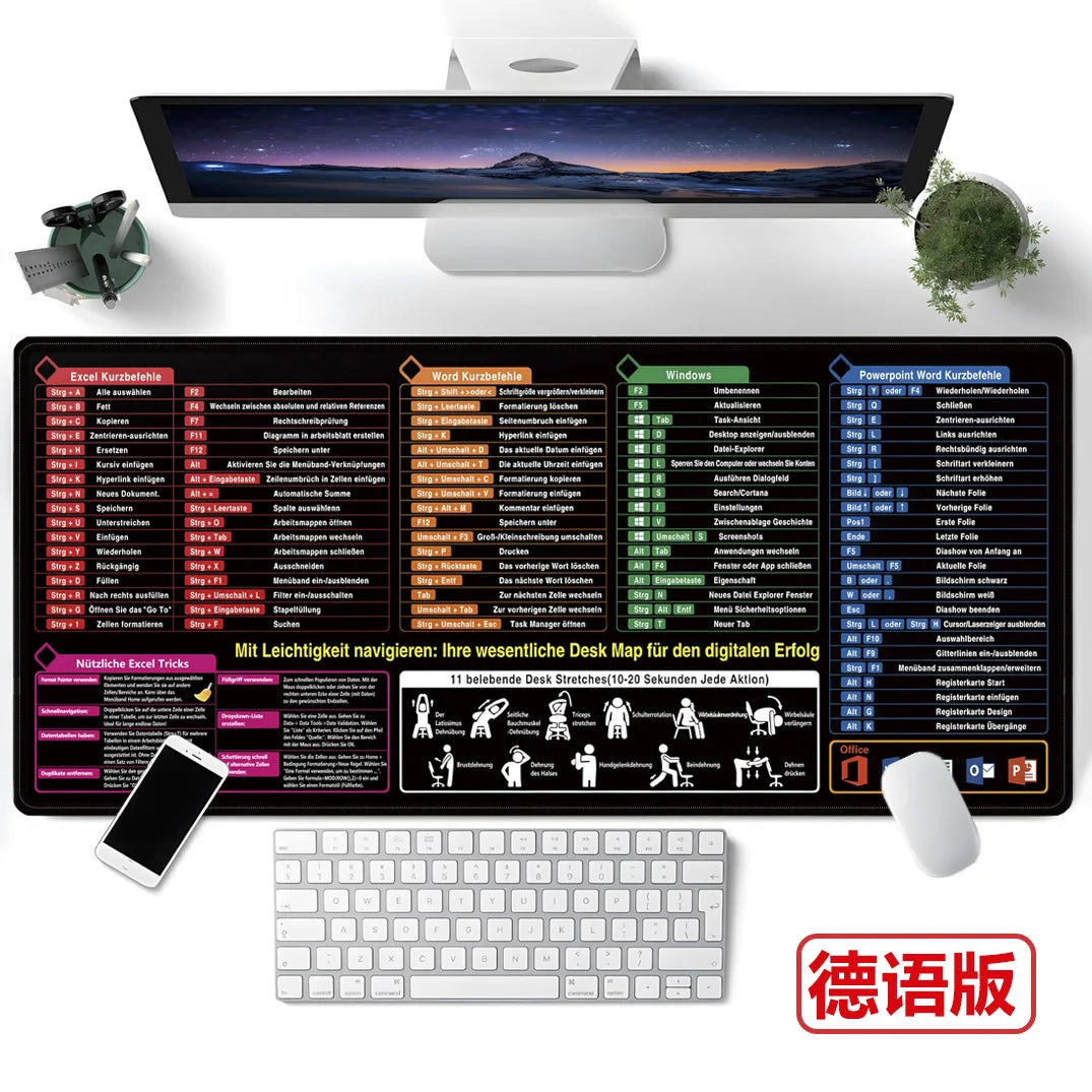 German Excel/Word/Windows/PPT Cheat Sheet Mouse pad, Computer Keyboard Pad for Office Workers Students Office Desk Mat