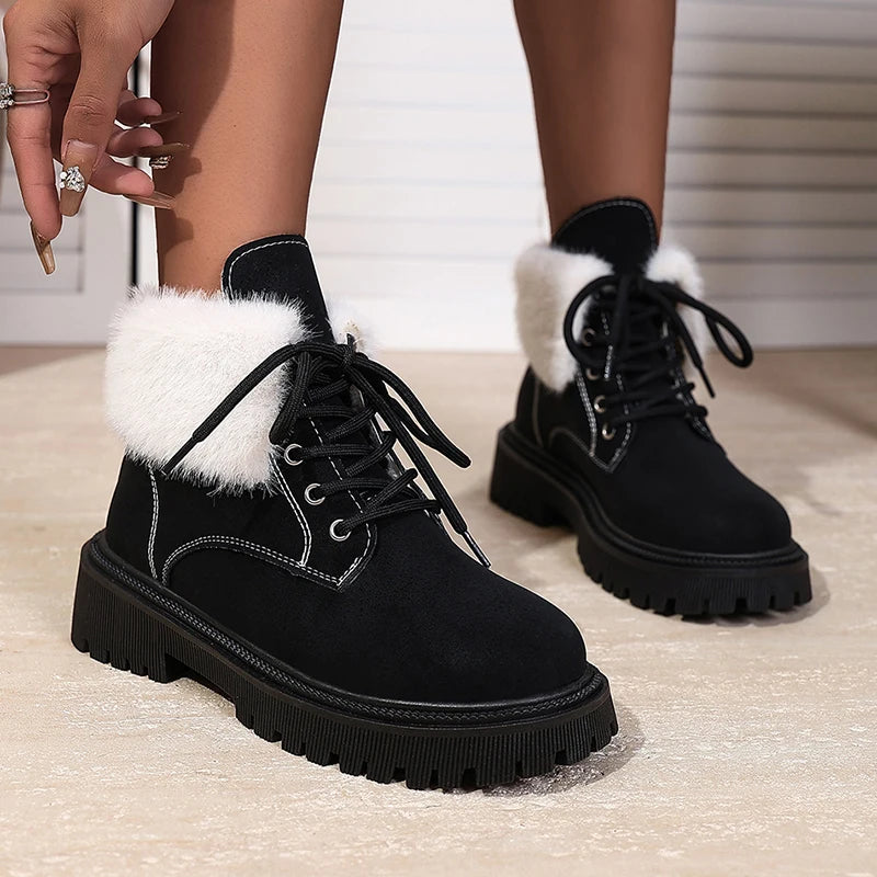 Faux Fur Lace-Up Ankle Boots for Women Autumn Winter Warm Plush Short Boots Woman Comfortable Anti Slip Cotton Padded Shoes 42