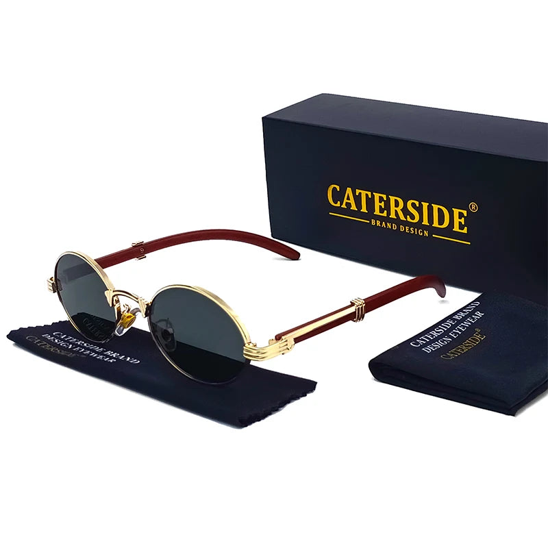 CATERSIDE 2022 Luxury Brand Designer Glasses Man Retro Classic Round Oval Sunglasses Men Fashion Popular Travel Wooden Shades