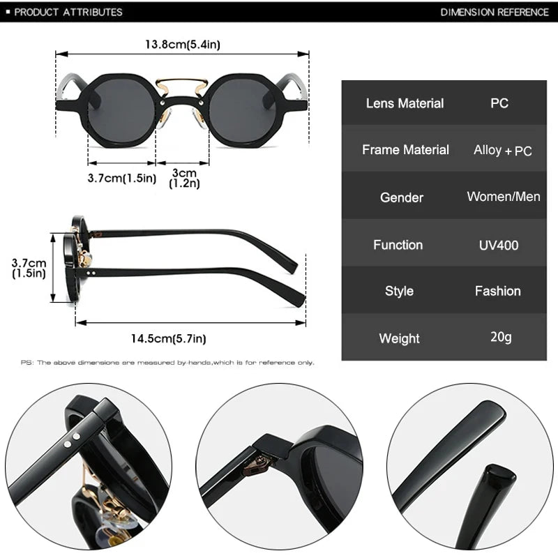 JNPCXI Retro Small Polygon Round Women Sunglasses UV400 Fashion Double Bridges Punk Men Rivets Clear Gradient Sun Glasses Shades
