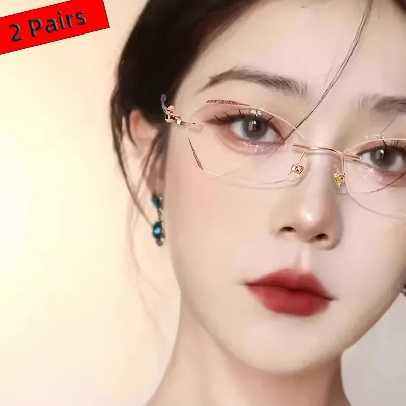 2 Pairs of Frameless Edge Cut Fashionable Women's Casual Business Flat Bottom Glasses Suitable for Daily Use Reading