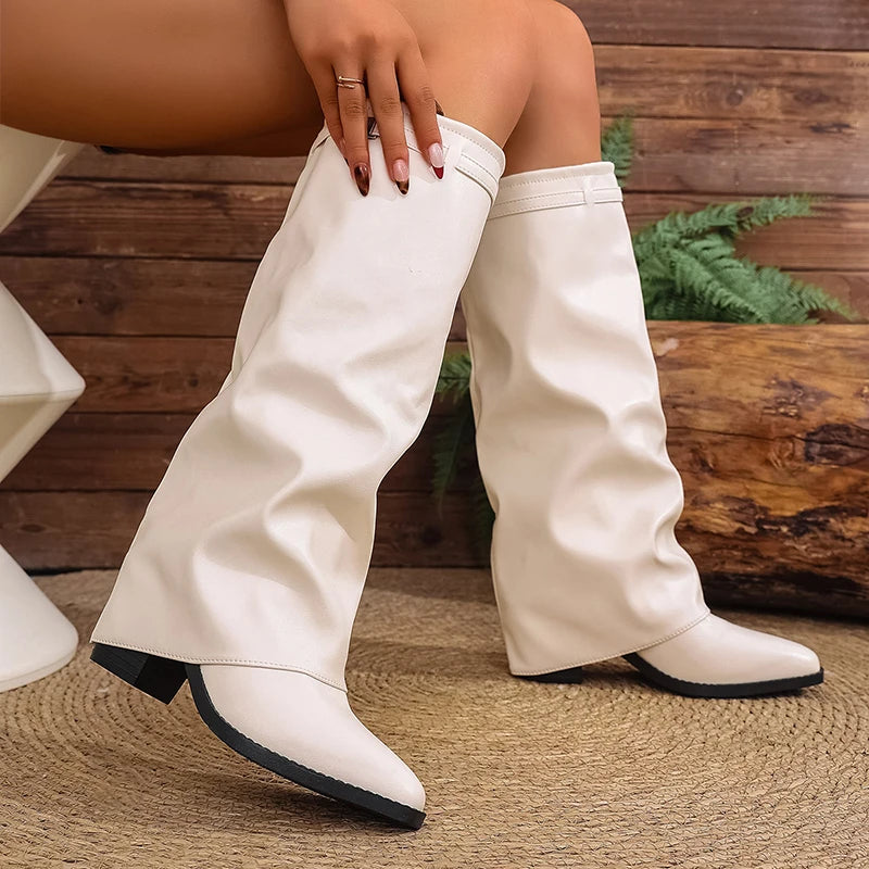 2025 Fashion High Heel Knee High Boots Women Punk Pointed Toe Bike Long Boots Woman Autumn Winter Pu Leather Botas Mujer 36-43