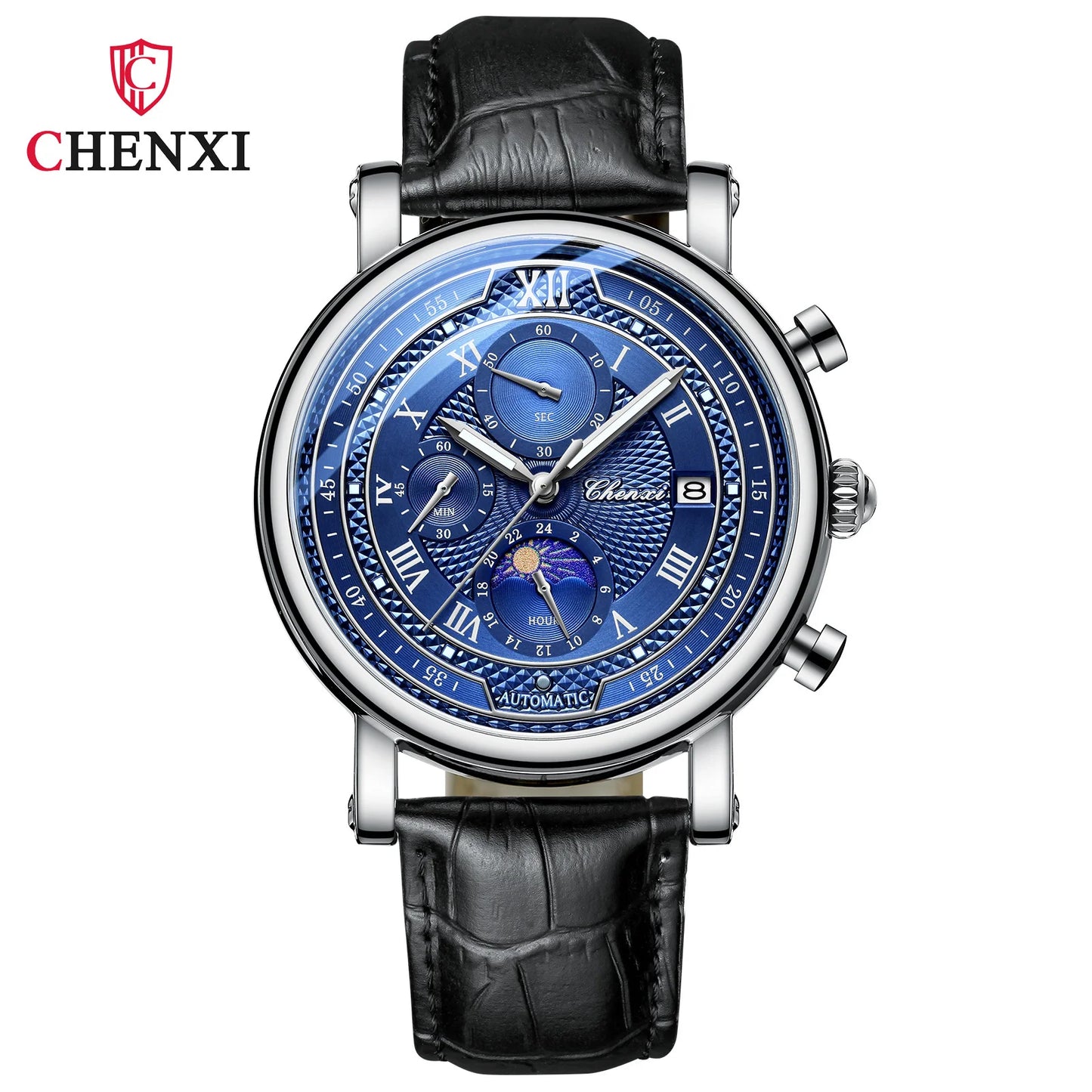 Chenxi Men' Leather Chronograph Phase of The Moon Luminous Quartz Watch blueFace