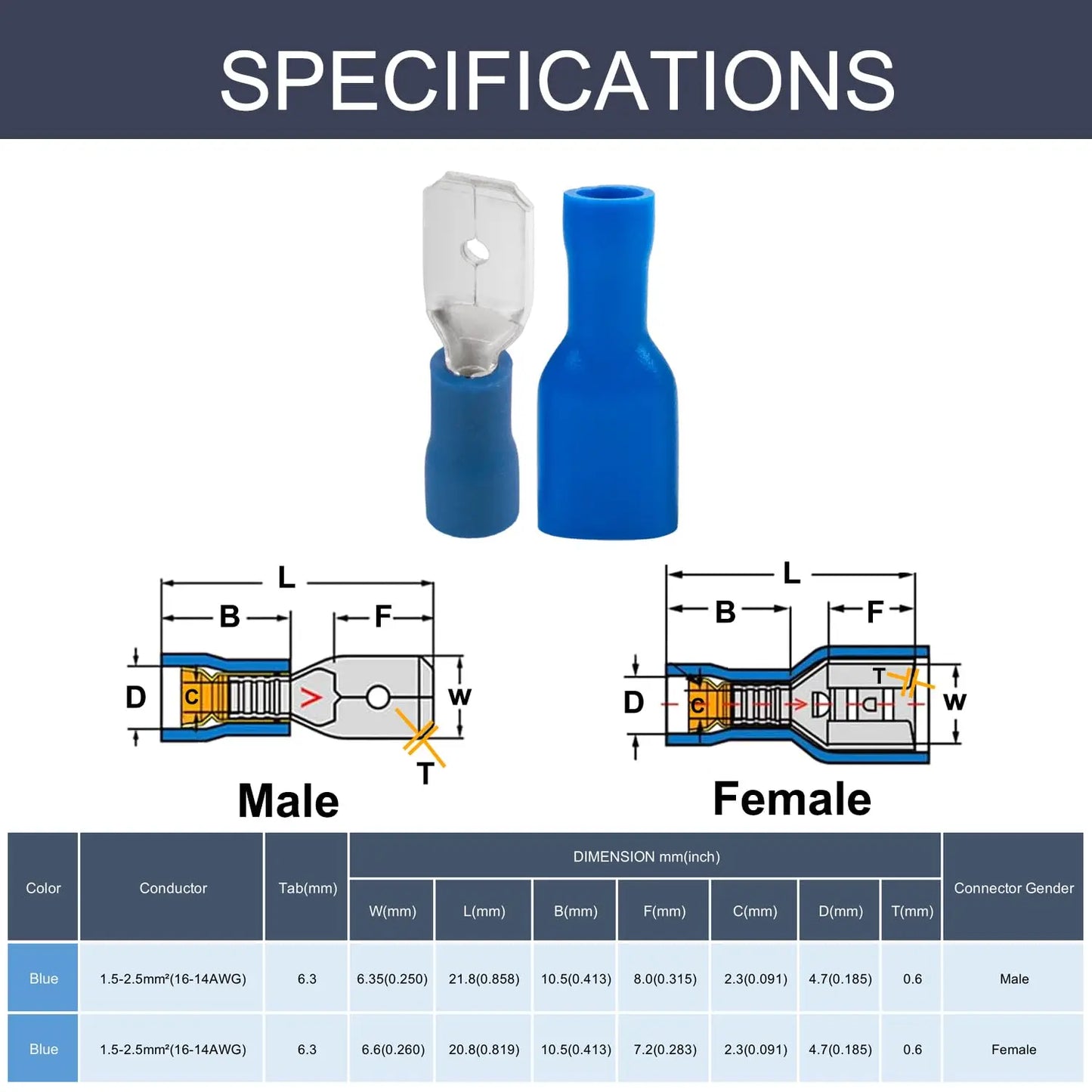 60/80pcs male female insulated spade connector, 6.3mm 1/4" 22-16/16-14/12-10 awg- electrical quick disconnect wire connectors