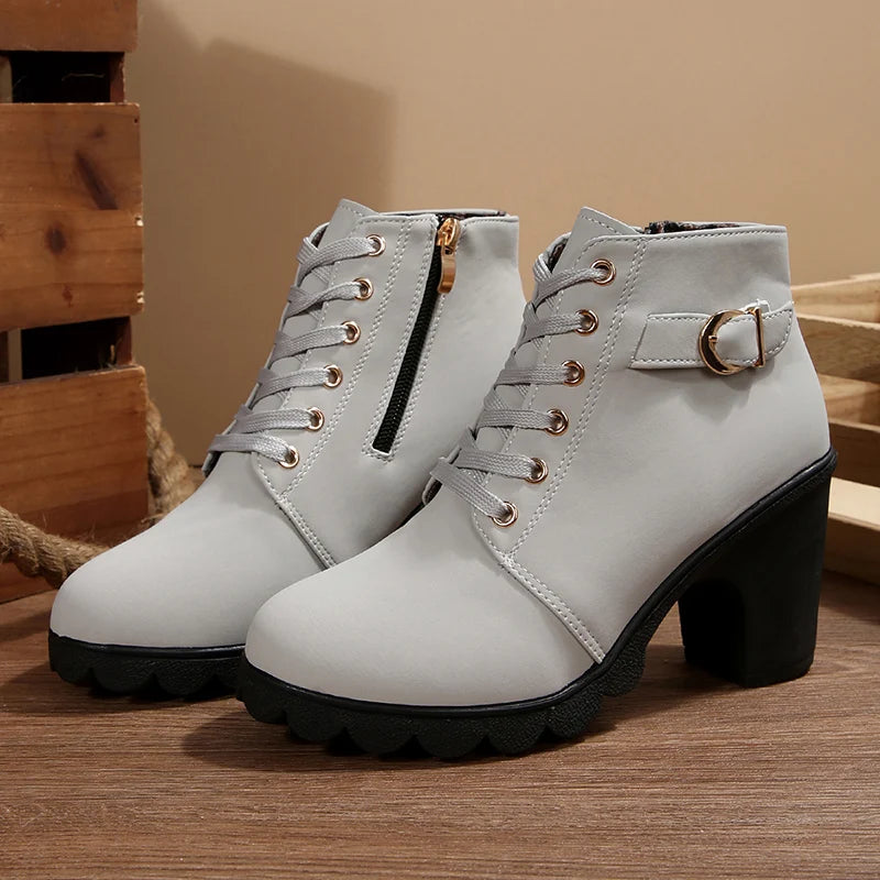 British Style High Heel Ankle Boots Women 2025 Fashion Non Slip Lace Up Short Booties Mujer Thick Heeled High Top Pumps Woman