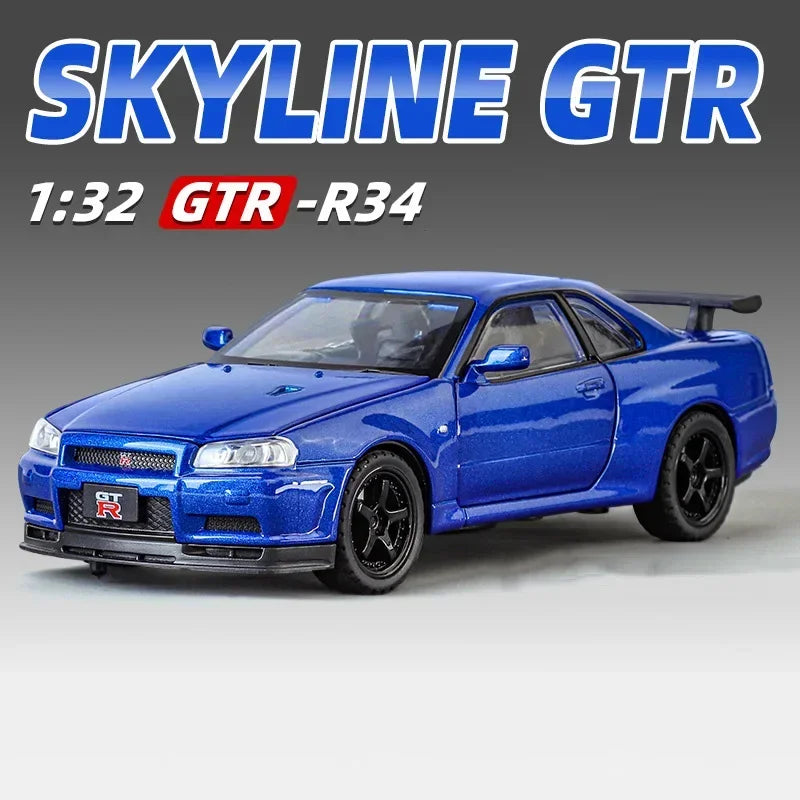 1: 32 GTR Skyline Alloy Diecast Models Toys Cars 4 Doors Opened with Sound Light Pull Back Miniature Sportscar Fashion Ornaments