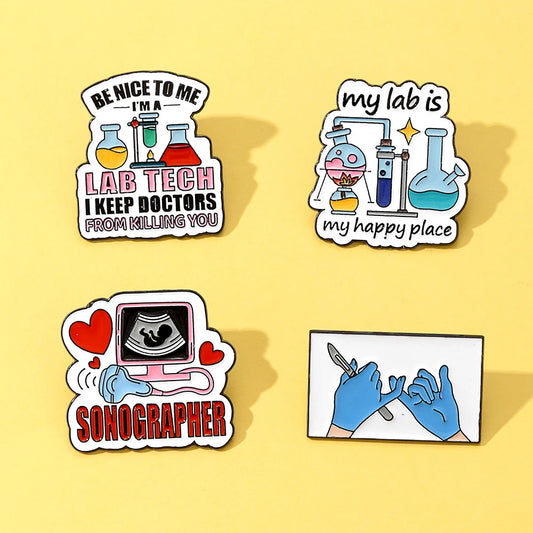 4pcs My Lab Is My Happy Place Sonographer Medical Badge Enamel Pins Pharmacist Jewelry Gift for Doctors Student School Survivor