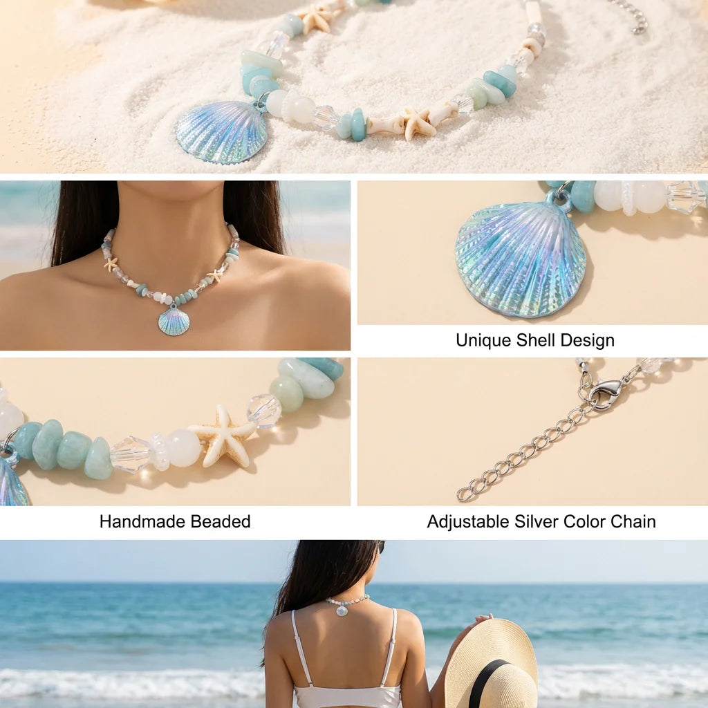 Boho Y2K Cute Shell Starfish Necklace for Women 2026 Summer Beach Vibe Beaded Choker Fairy Grunge Aesthetic Jewelry Party Gift