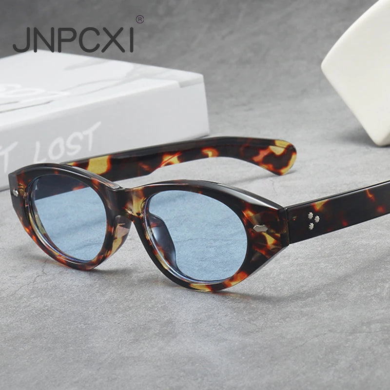 JNPCXI Vintage Cat Eye Sunglasses Women Fashion Leopard Blue Gradient Shades UV400 Men Trending Rivets Punk Sun Glasses