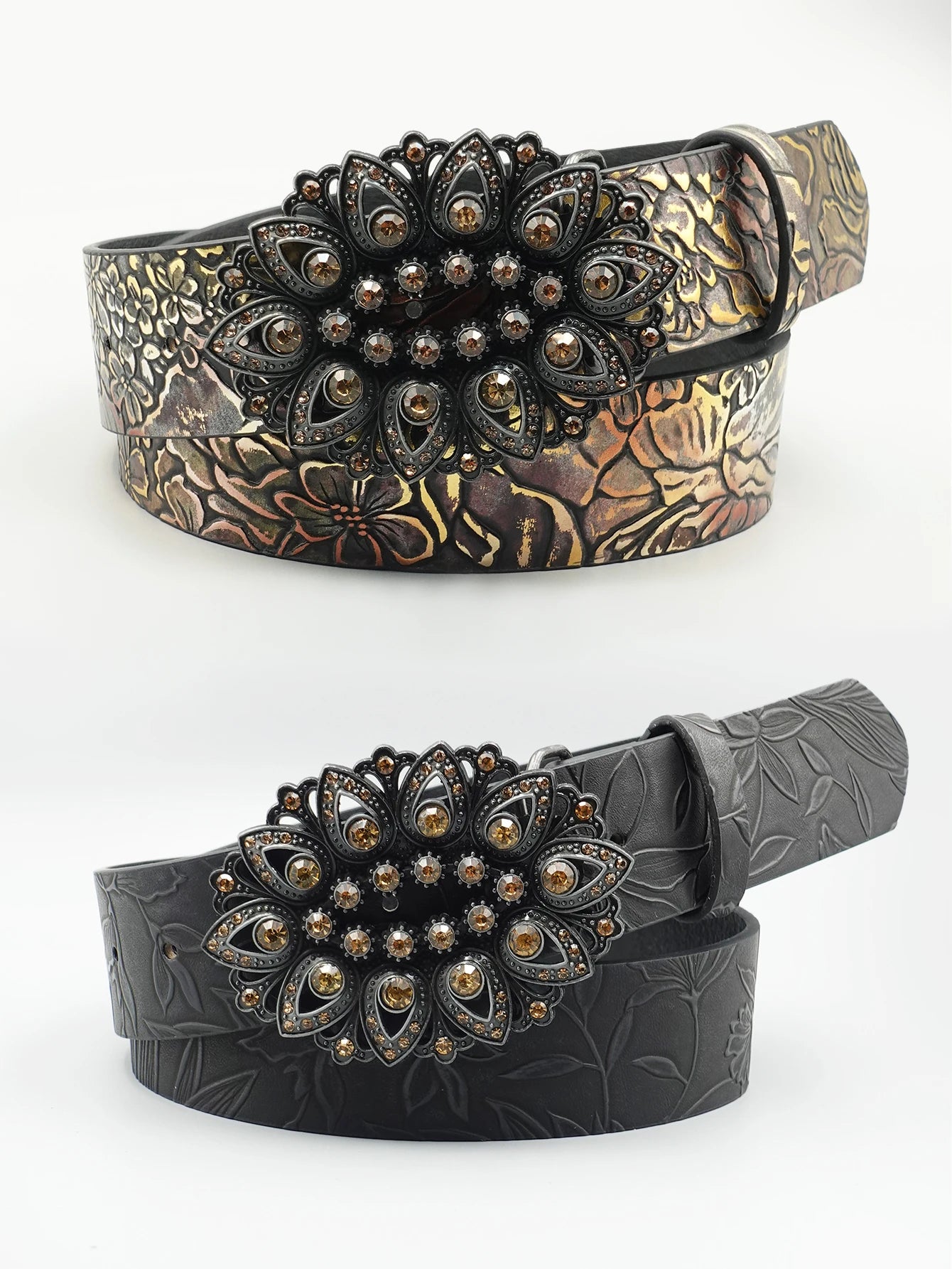 Elegant Retro Black Rhinestone Inlaid Women's Belt with Leaf Pattern Printed Belt, Classic Decoration, Fashionable Casual Belt