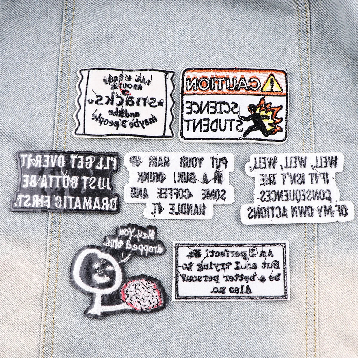 Caution Patch Funny Quotes Iron-On Patches For Clothing Stickers Snacks Embroidered Patches On Clothes DIY Clothes Stripes