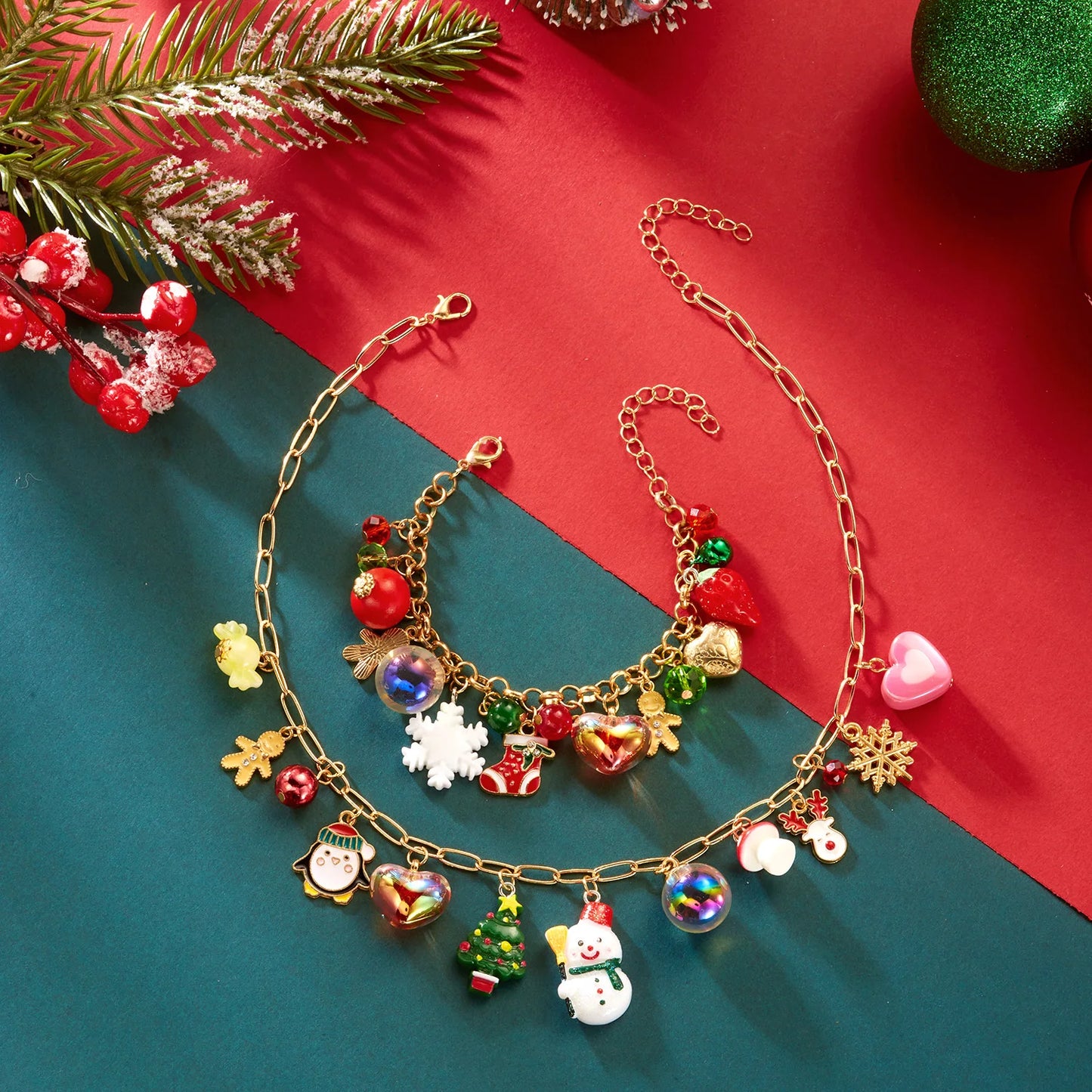 Trendy Christmas Tree Bell Snowflake Pendant Necklaces for Women Cartoon Elk Snowman Charm Bracelets Festival Party Jewelry Sets