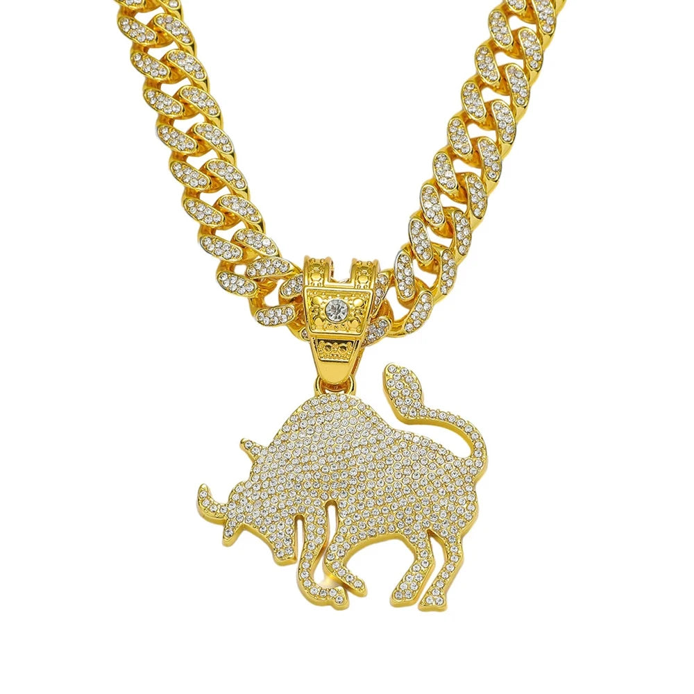 Men Hip Hop Animal Cow Shape Pendant Necklace with 13mm Cuban Chain HipHop Iced Out Bling Hiphop Necklaces Rock Jewelry Gift