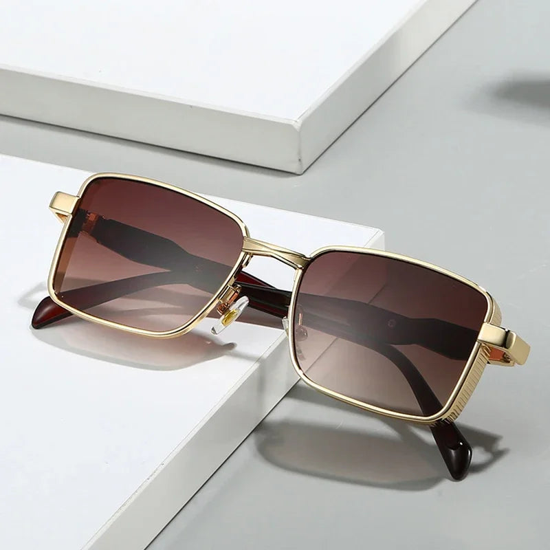 JNPCXI New Retro Square Metal Men Outdoor Sunglasses Fashion Gradient Tea Shades UV400 Women Punk Sun Glasses