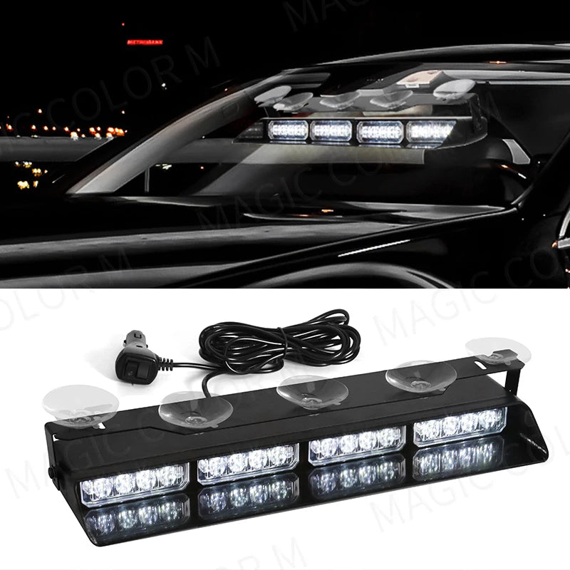 16 LED Car Strobe Light For Emergency Flash Warning Lamp Windshield Bar Red Blue Amber White Waterproof Auto Light Assembly 12V