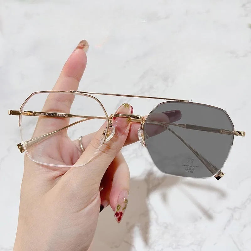 Photochromic Anti Radiation Half Frame Glasses for Women Men Transition Rectangle Eyeglasses Computer Anti Blue Eyewear