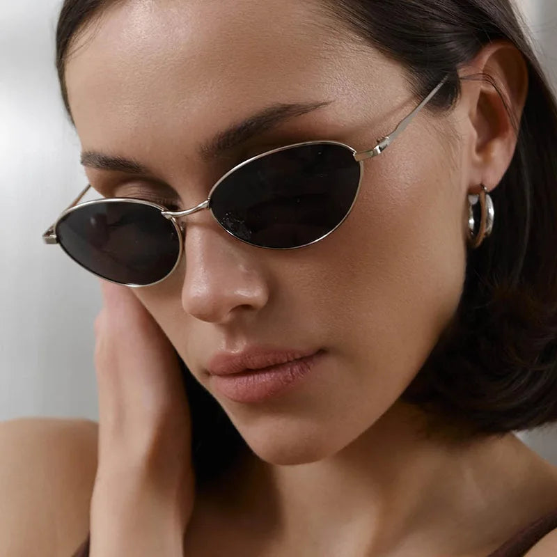 JNPCXI New Ins Popular Fashion Cat Eye Color Women Luxury Metal Sunglasses Brand Designer Oval Shades UV400 Men Sun Glasses